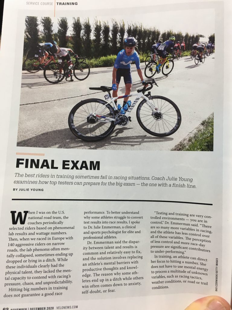 Final Exam – The best riders in training sometimes fail in racing situations. Coach Julie Young examines how top testers can prepare for the big exam, the one with a finish line – Velo News Nov/Dec 2020